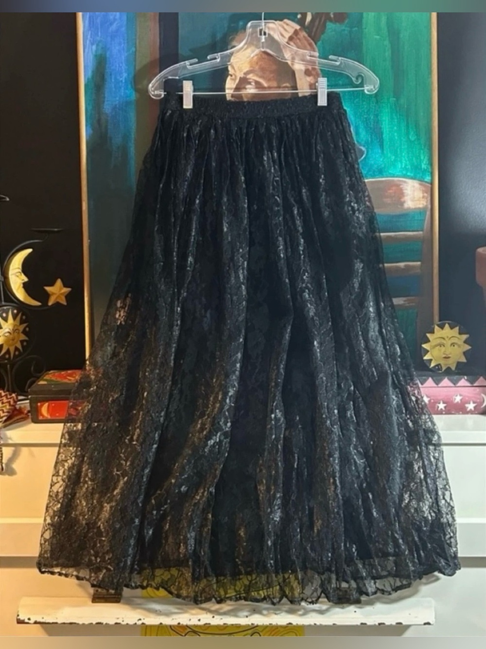 Principles Vintage Black Floral Lace-Tier Pleated Midaxi/Maxi Skirt
